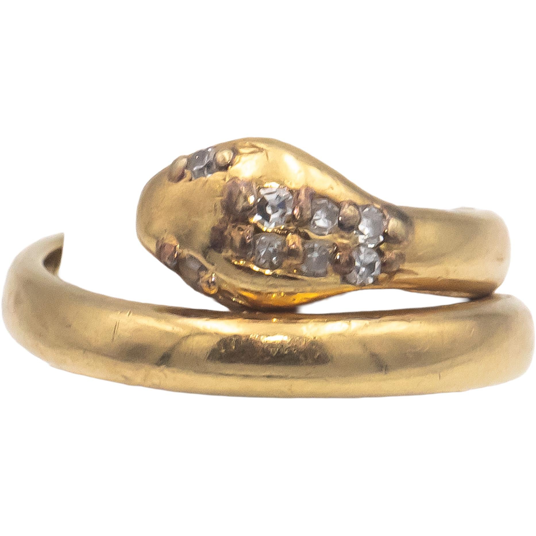 18k Yellow Gold 0.05CT Round Cut Diamond Snake Ring Size 2.5