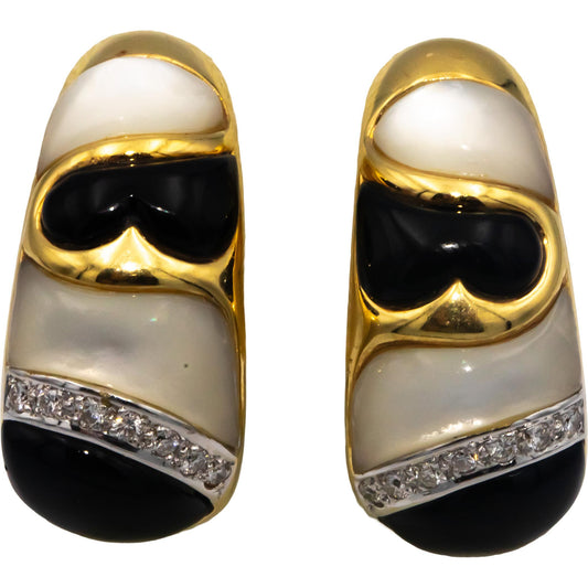ASCH GROSSBARDT 18k Yellow Gold Diamond Onyx Mother Of Pearl Earrings 0.25CT