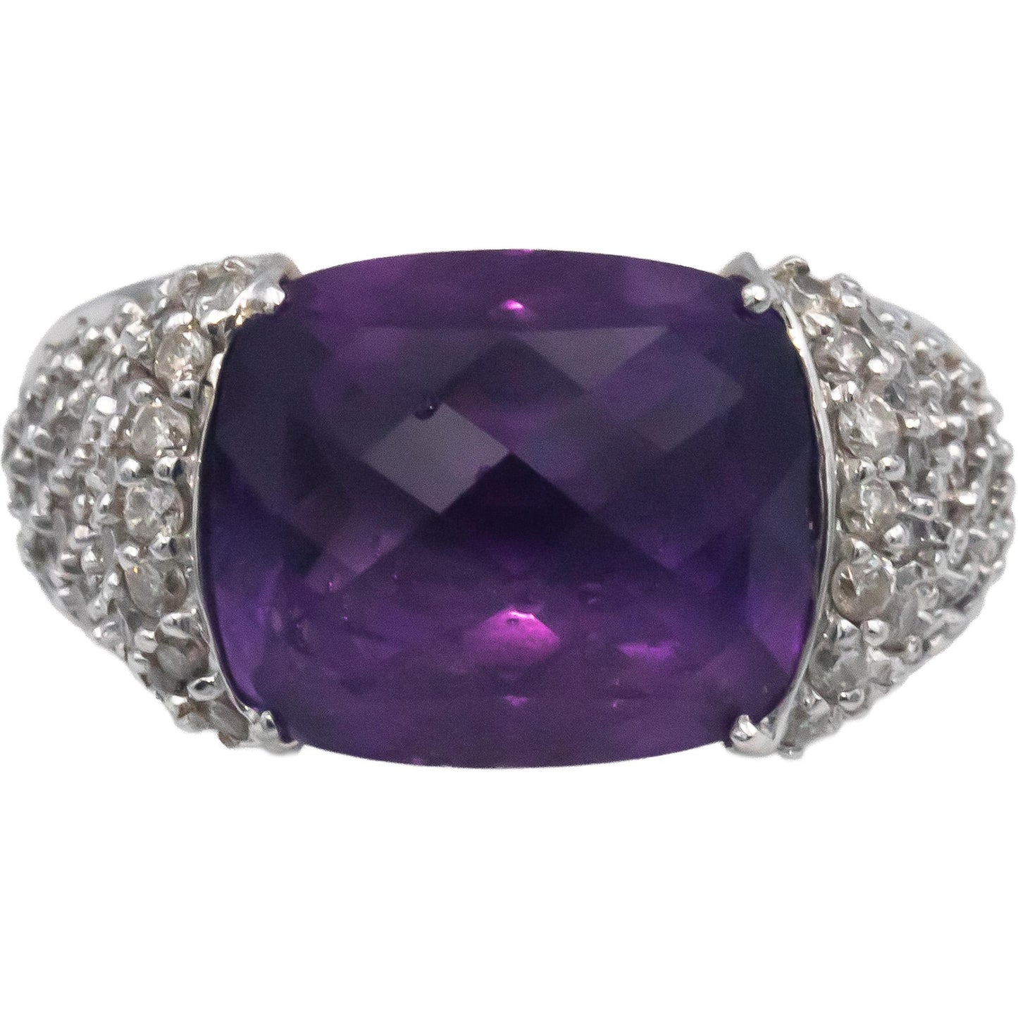 14k White Gold 6.0CT Diamond and Amethyst Cluster Pave Cocktail Ring Size 7