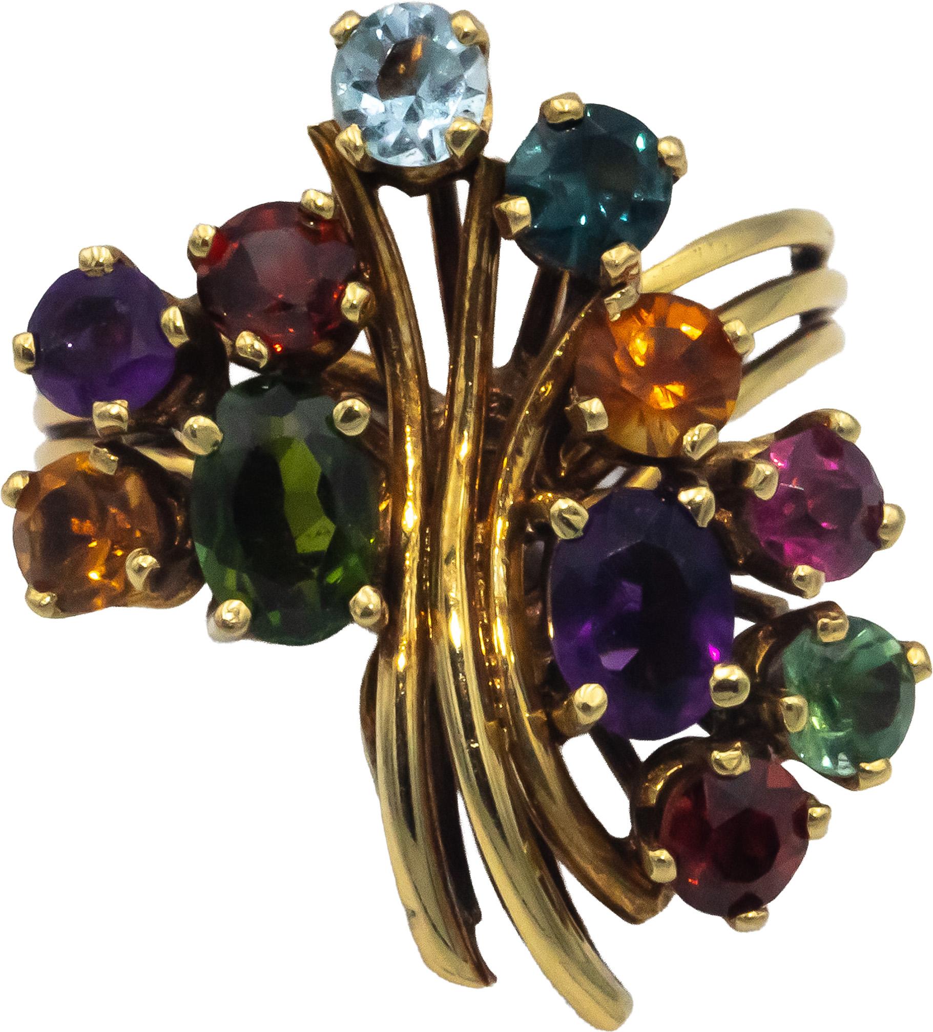 18k Yellow Gold 2.50CT Assorted Rainbow Gemstone Cluster Ring Size 7