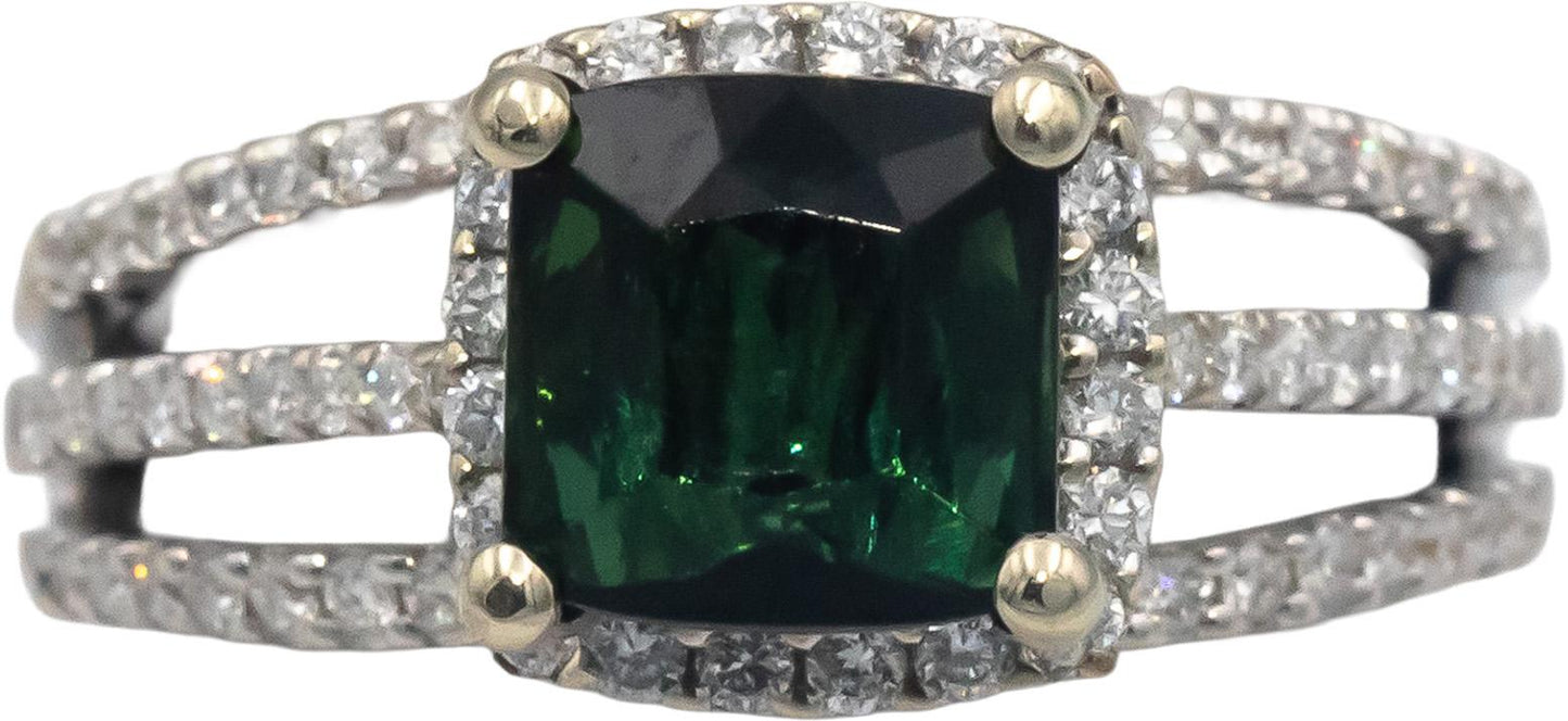 ASHI 14k White Gold 2.82CT VS Diamond and Green Tourmaline Ring Size 6.75