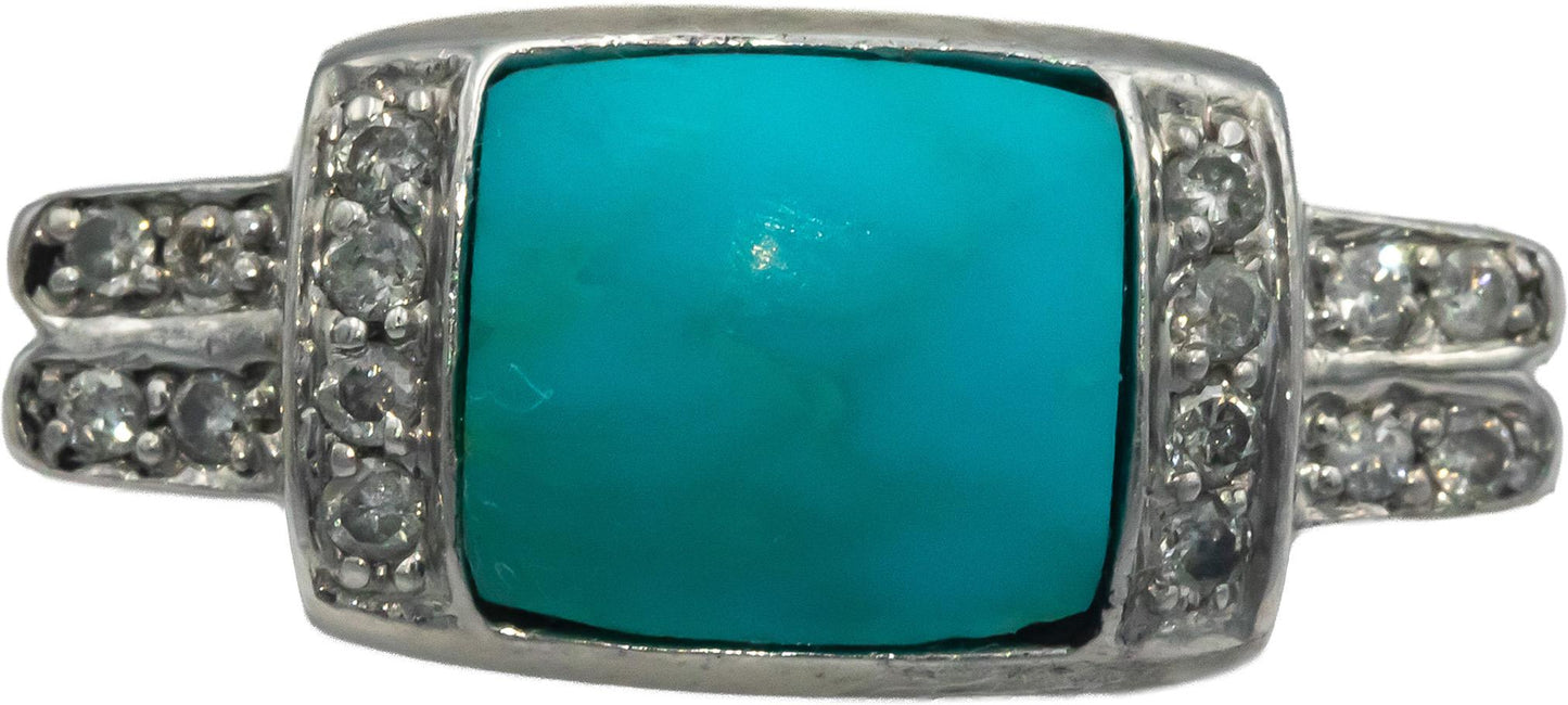 14k White Gold 0.10CT Round Cut Diamond and Cabochon Turquoise Ring Size 7.25