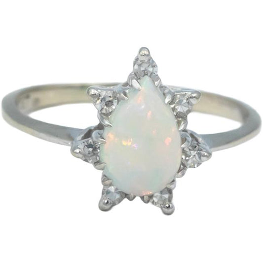 Antique Vintage 14k White Gold 1.25CT VS Diamond and Opal Ring Size 8.25