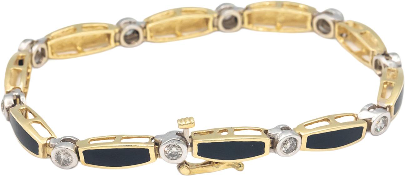 14k Yellow & White Gold 1.0CT Round Cut Diamond & Onyx Fancy Link Bracelet