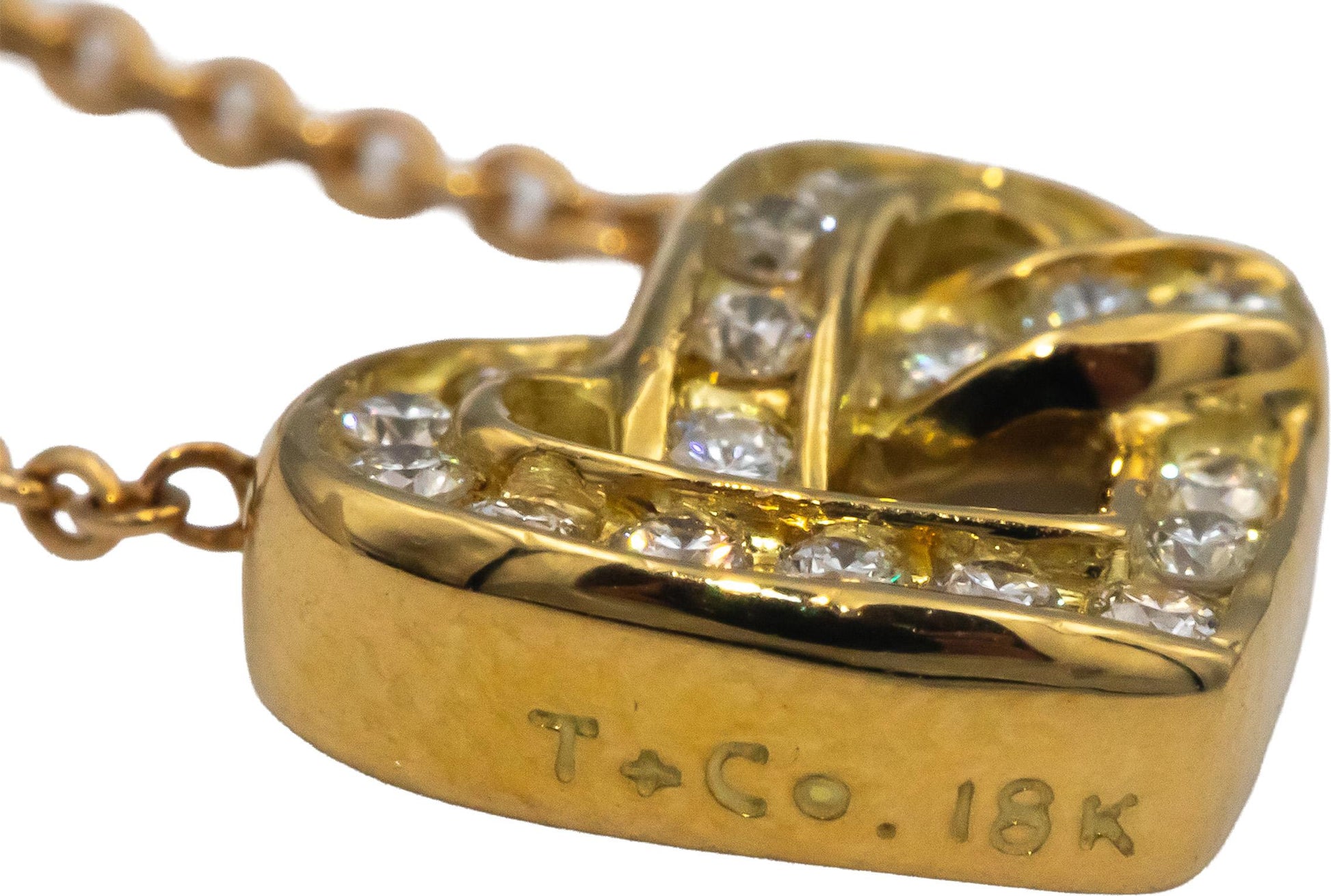 TIFFANY & CO. 18k Yellow Gold VS Diamond Heart Knot Necklace w/ Box 0.30CT