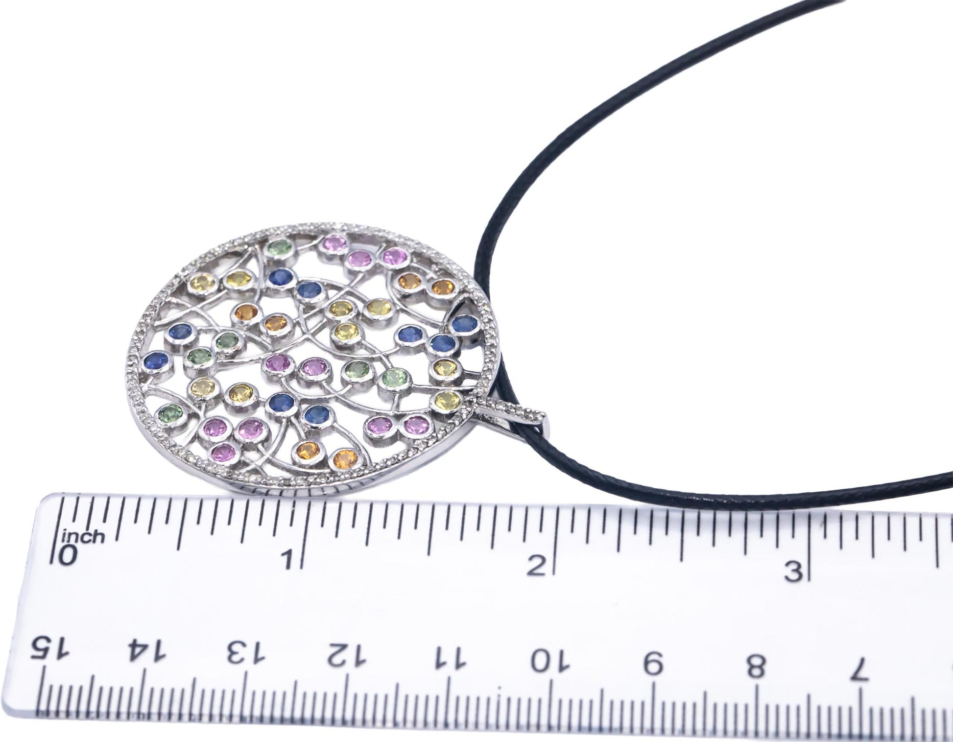 14k White Gold 3.50CT Round Cut Diamond & Rainbow Sapphire Floral Pendant