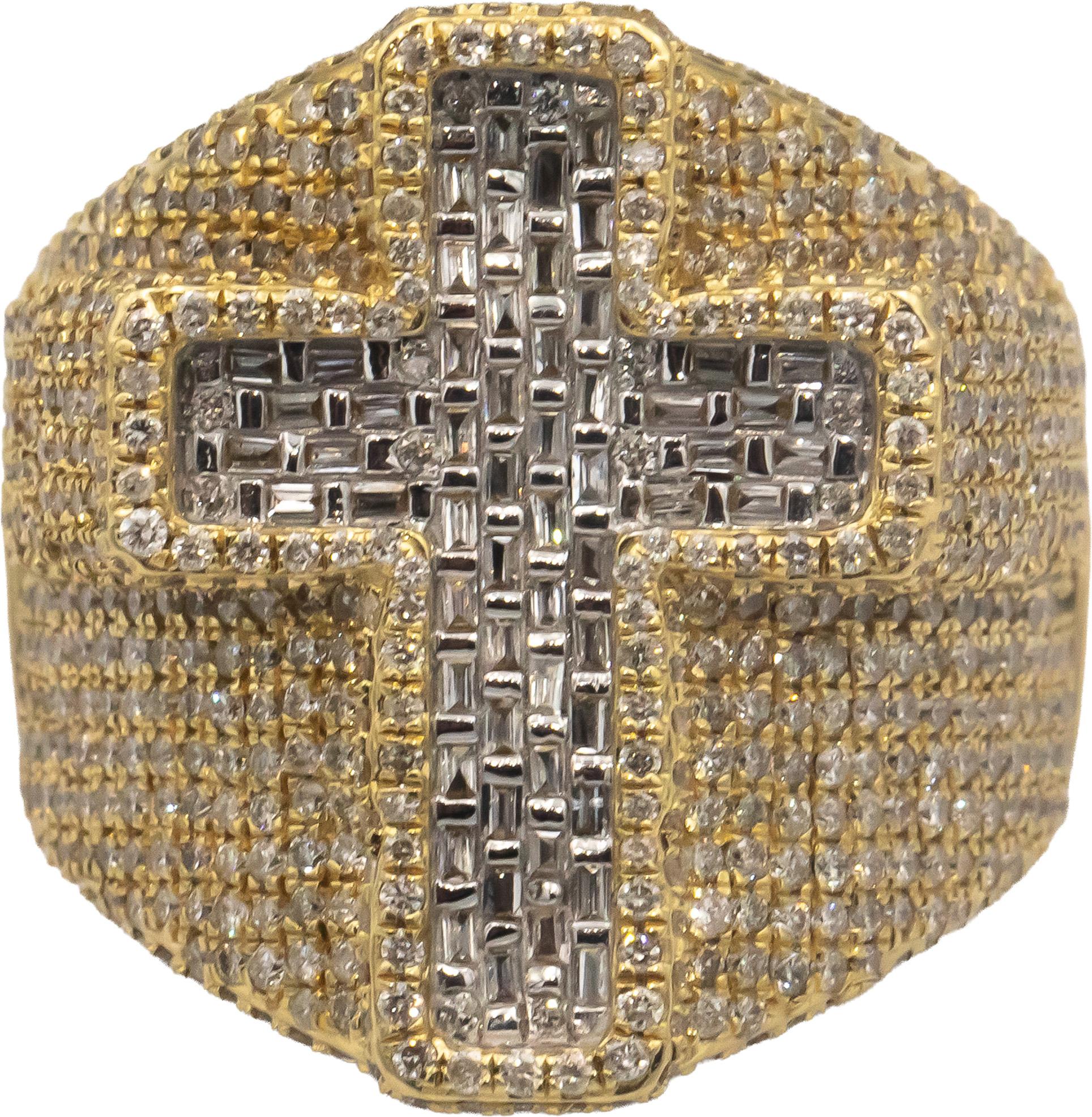 14k Gold Baguette & Round Diamond Iced Out Cross Crucifix Ring 3.0CT Size 10.5