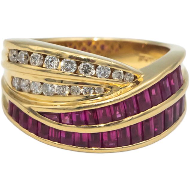 Designer 14k Gold 1.75CT Diamond & Ruby Channel Set Cocktail Ring Size 6.25