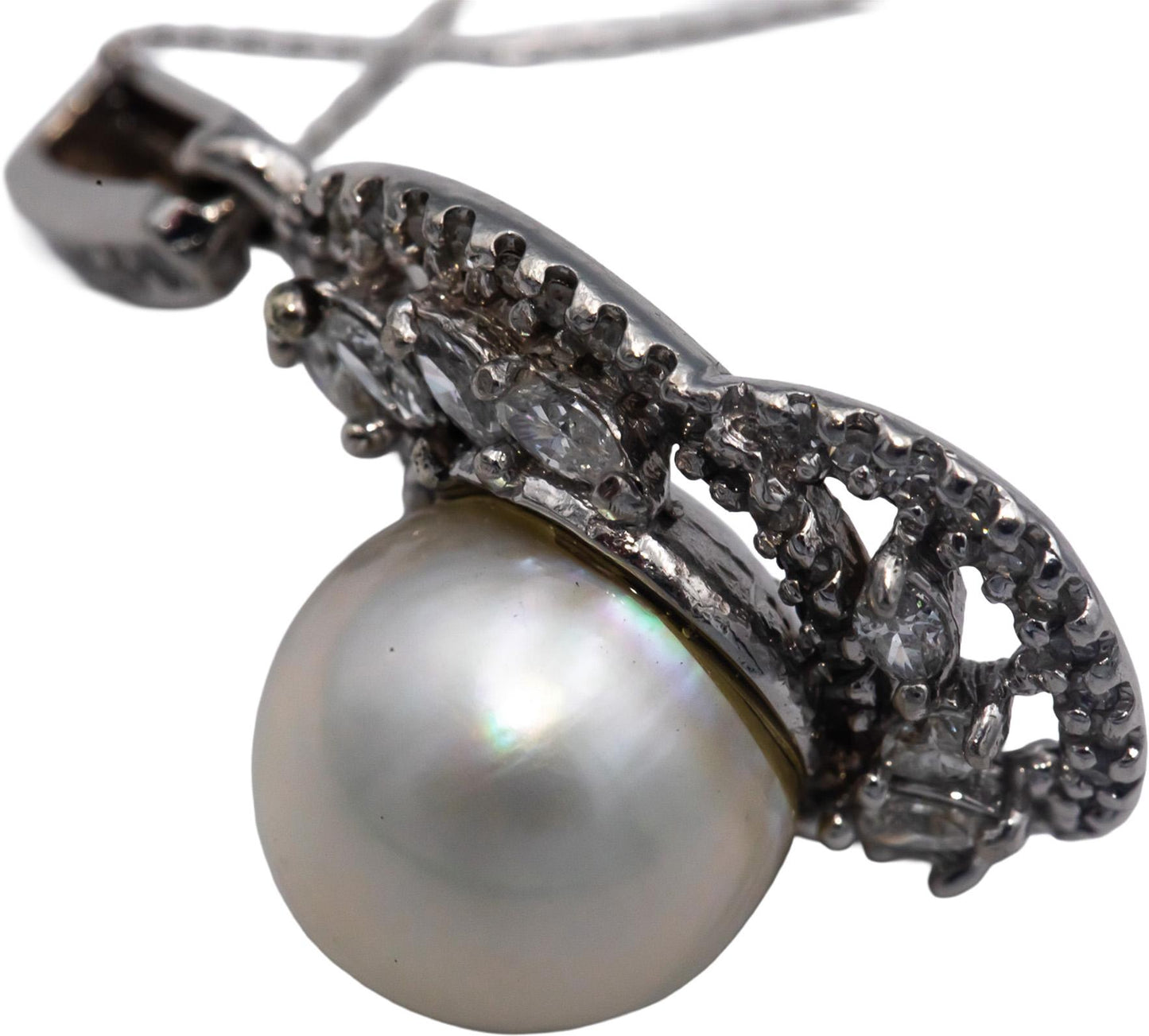 14k White Gold 1.0CT Round & Marquise Cut Diamond 11.7mm Pearl Pendant Necklace