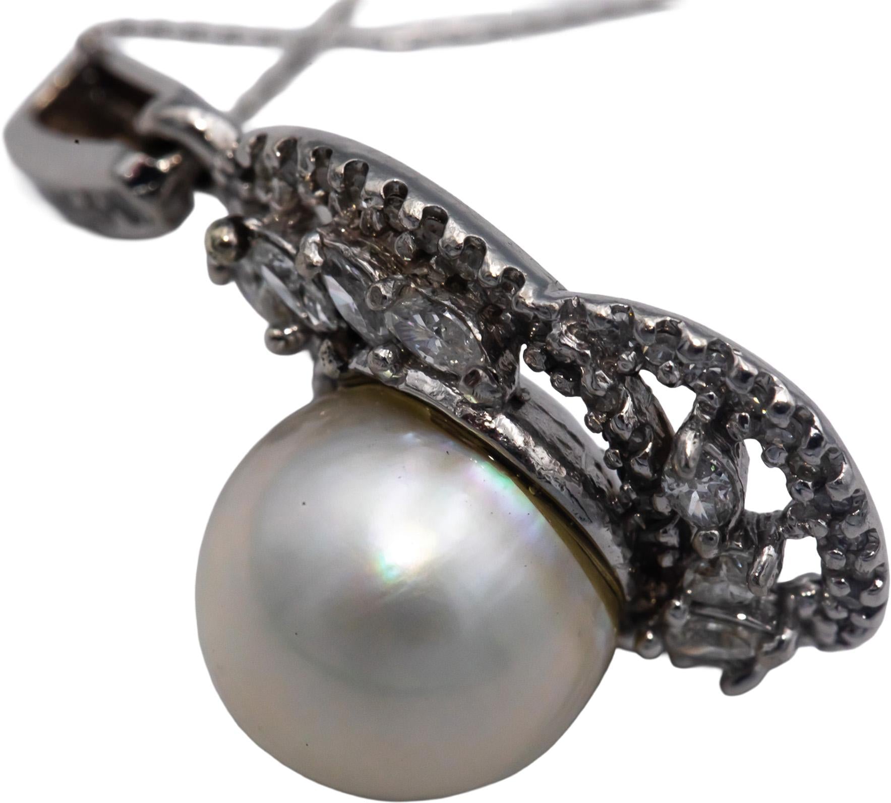 14k White Gold 1.0CT Round & Marquise Cut Diamond 11.7mm Pearl Pendant Necklace