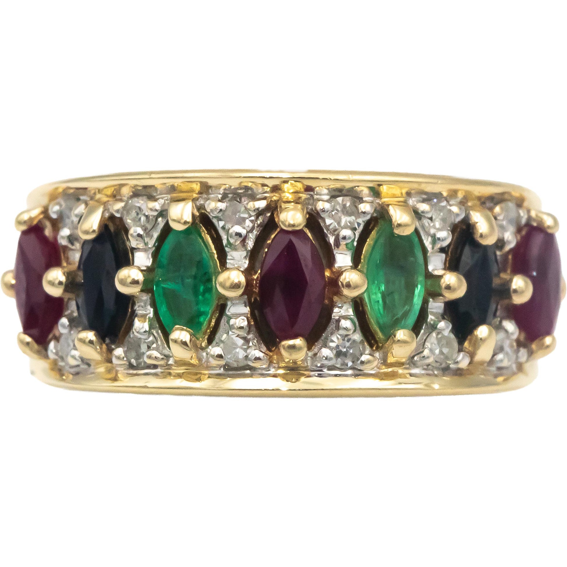 14k Yellow Gold 1.20CT Diamond Ruby Emerald Sapphire Cocktail Ring Size 7