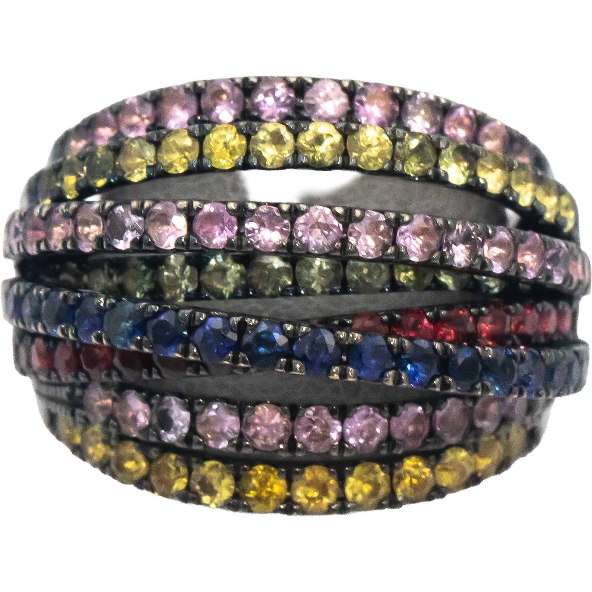 Rainbow Sapphire Round Cut 18k Black Rhodium Multi-Band Ring 3.20CT Size 6.5
