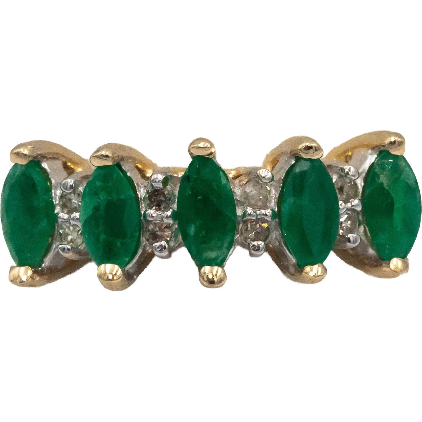 Round Diamond & Marquise Emerald 14k Yellow Gold Band Ring 0.60CT Size 7