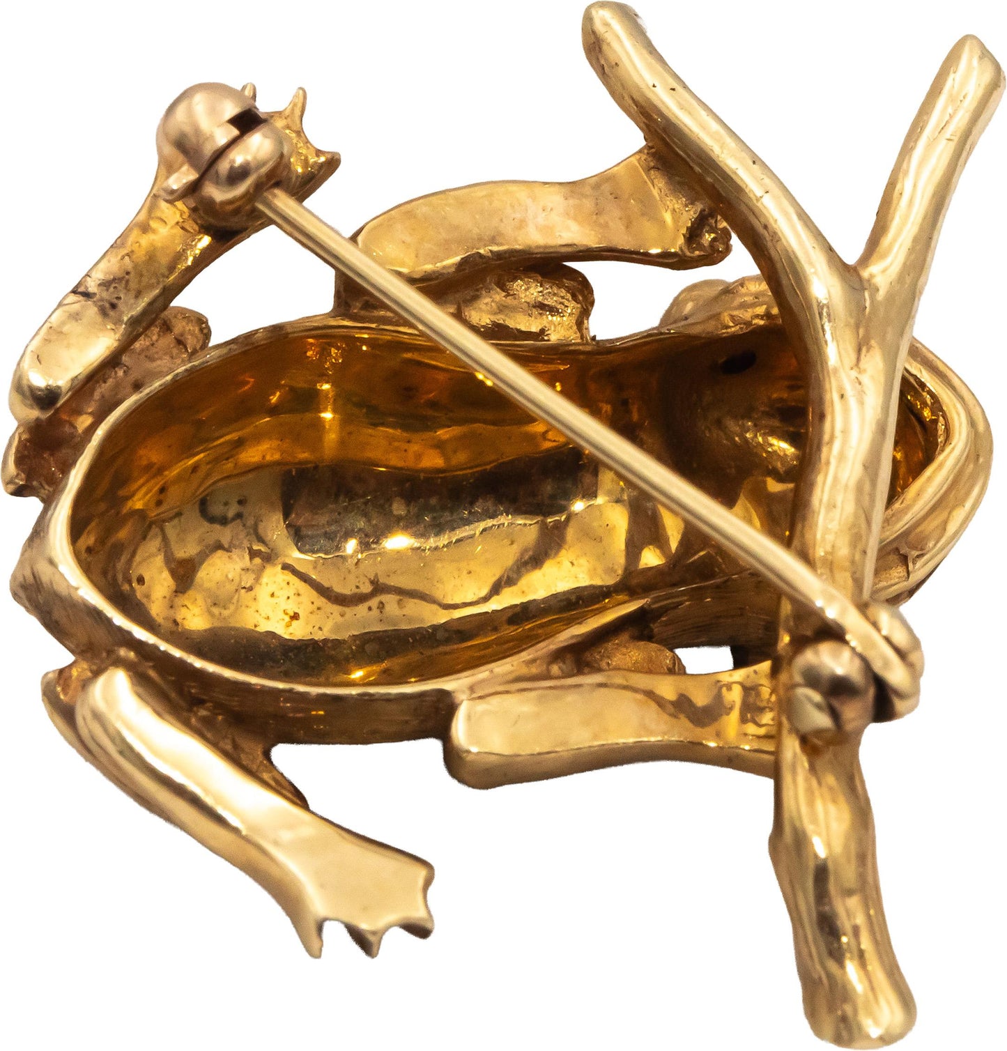 Vintage 14k Yellow Gold Jewelry Tree Frog Brooch w/ Ruby & Sapphire Eye Accents