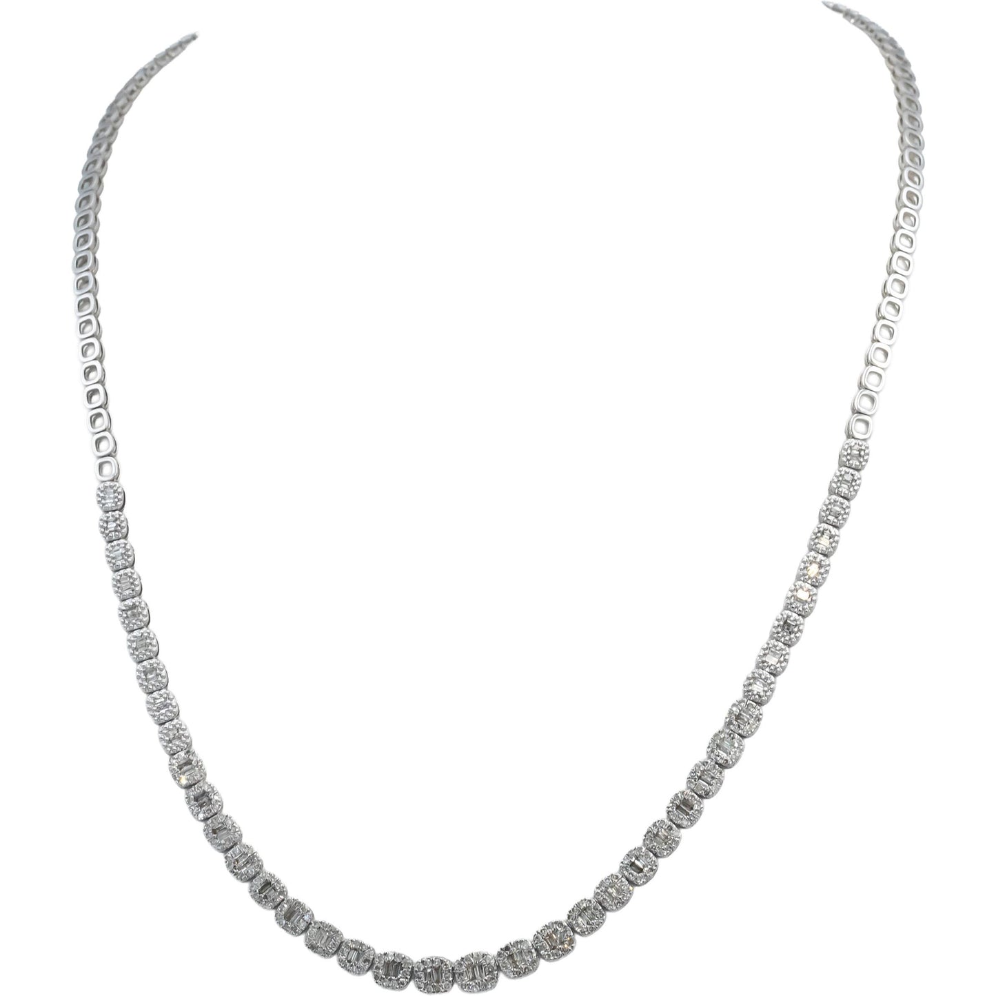 14k White Gold Round & Baguette Cut Diamond Necklace w/ Extender Link 1.50CT