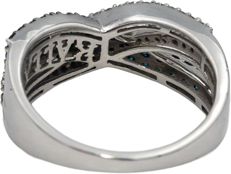 Designer 9k White Gold White & Blue Round Diamond Crossover Ring 1.0CT Size 7