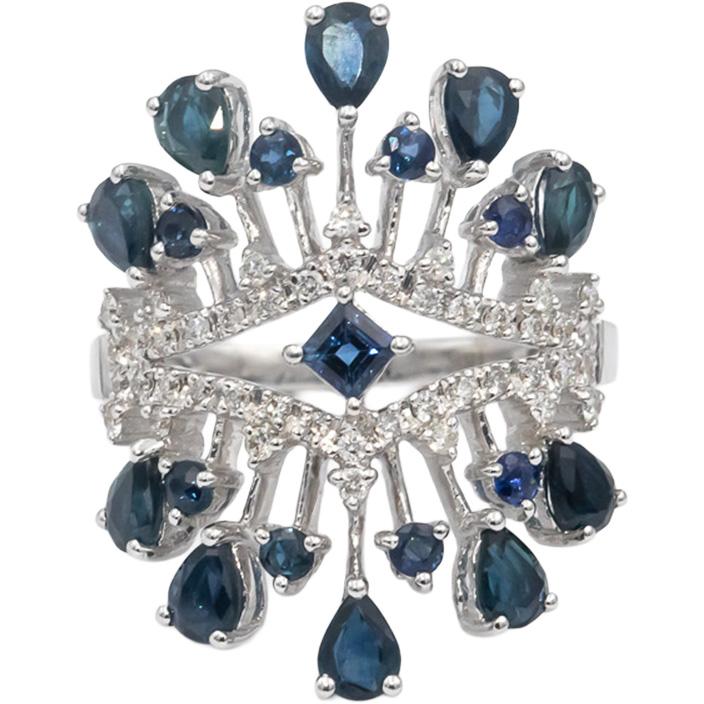 18k White Gold Diamond & Blue Sapphire Cluster Cocktail Ring 2.25CTW Size 7.25