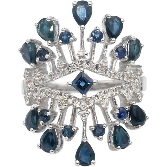 18k White Gold Diamond & Blue Sapphire Cluster Cocktail Ring 2.25CTW Size 7.25