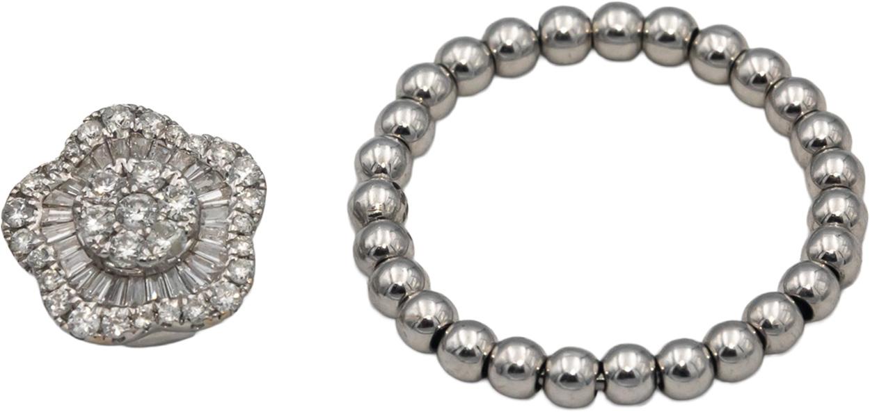 18k White Gold Round & Baguette Cut Diamond Flower Ring Pendant 0.40CT Size 6