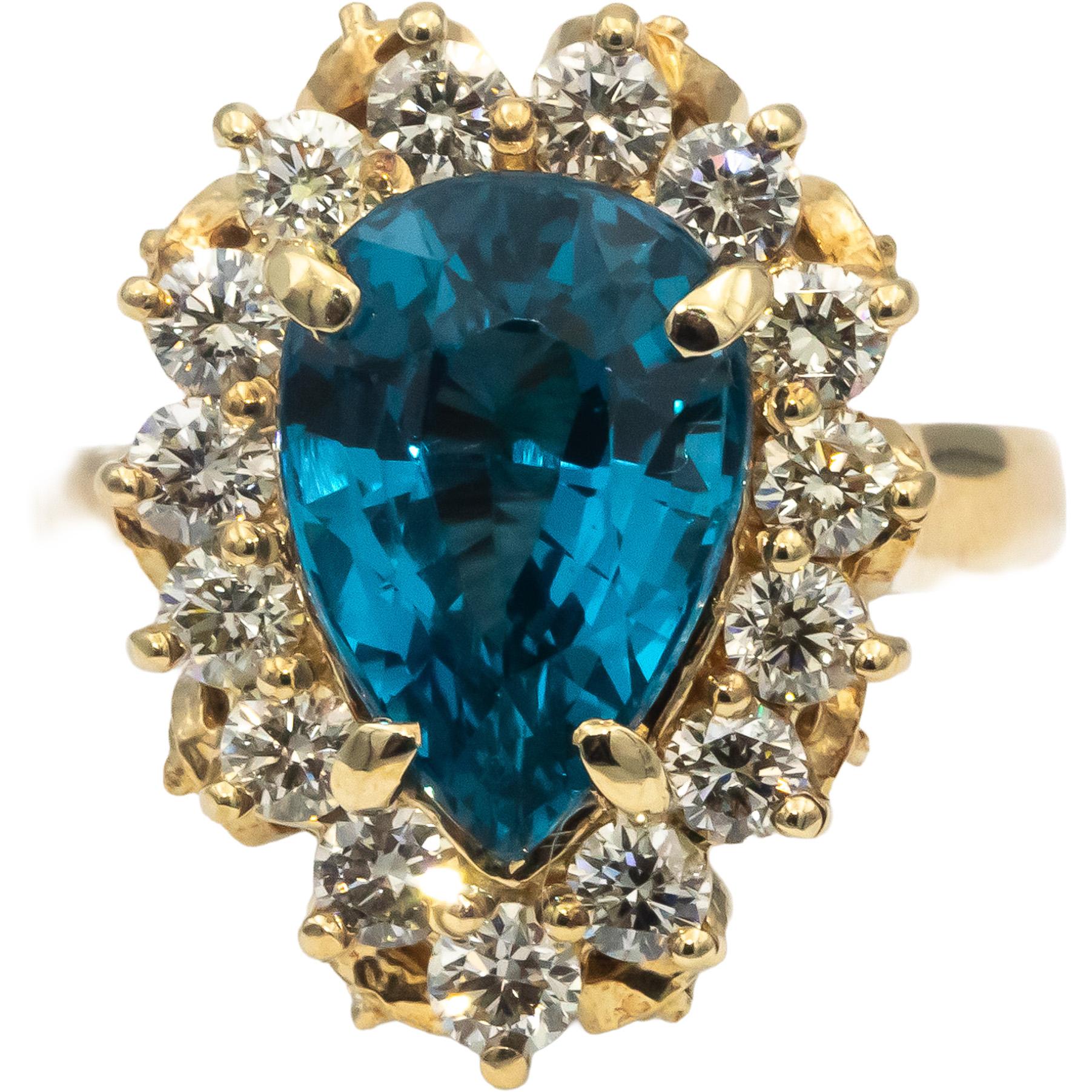 14k Yellow Gold Pear Cut Blue Topaz Round Diamond Cocktail Ring 6.50CT Size 8