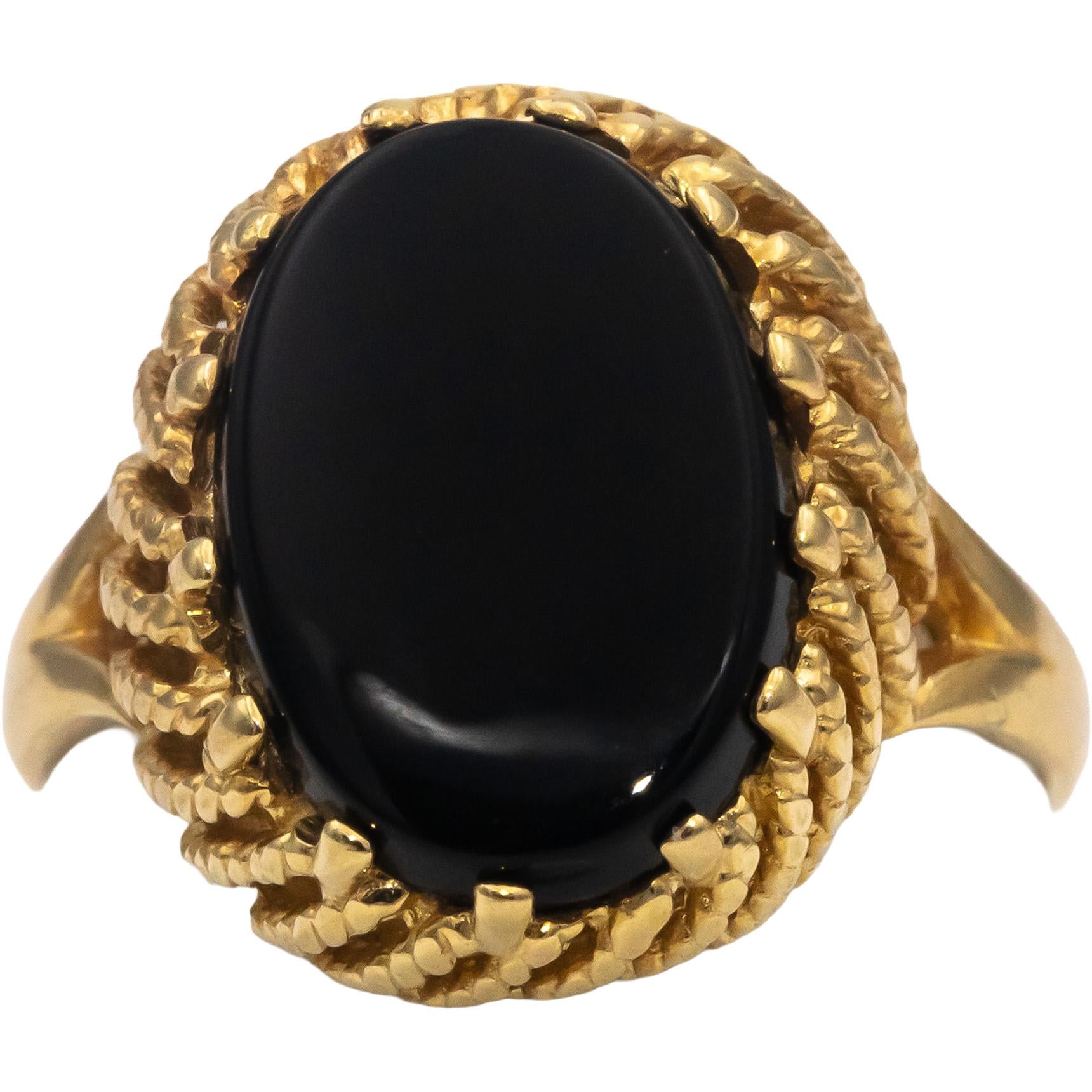 14k Yellow Gold Oval Cabochon Onyx Solitaire Cocktail Ring Size 7.5