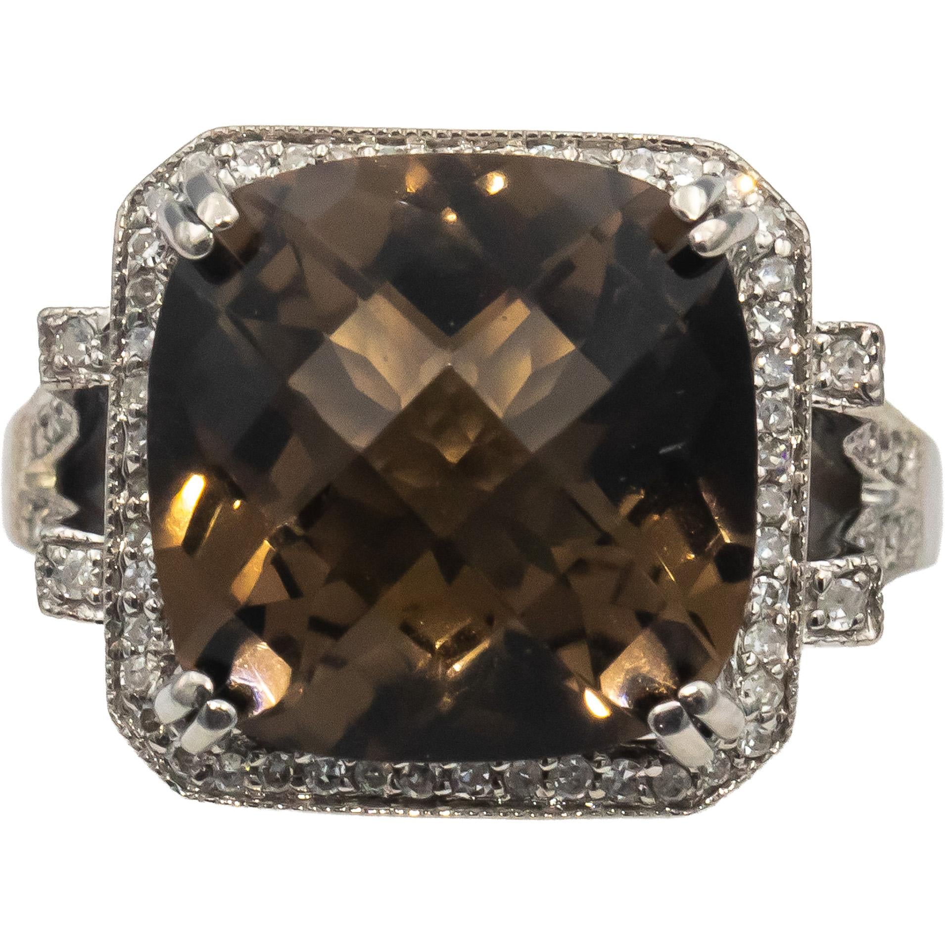 14k White Gold Smoky Quartz & Diamond Cocktail Ring 10.27CT Size 9
