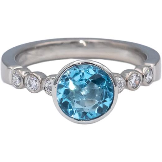 18k White Gold Round Bezel Set Blue Topaz & Diamond Cocktail Ring 1.87CT Size 6