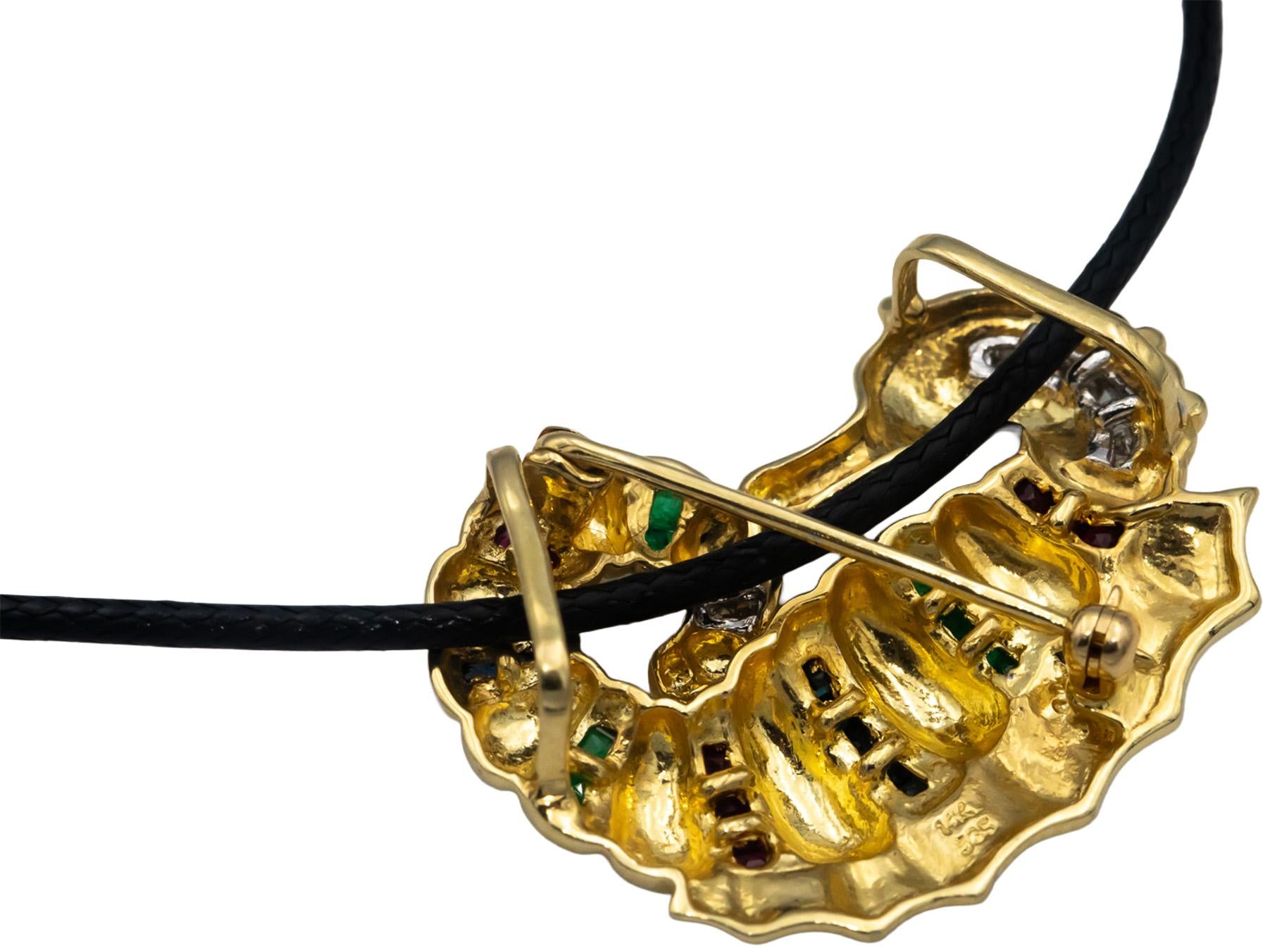 14k Yellow Gold Diamond Ruby Emerald Sapphire Seahorse Pendant Necklace .47CT