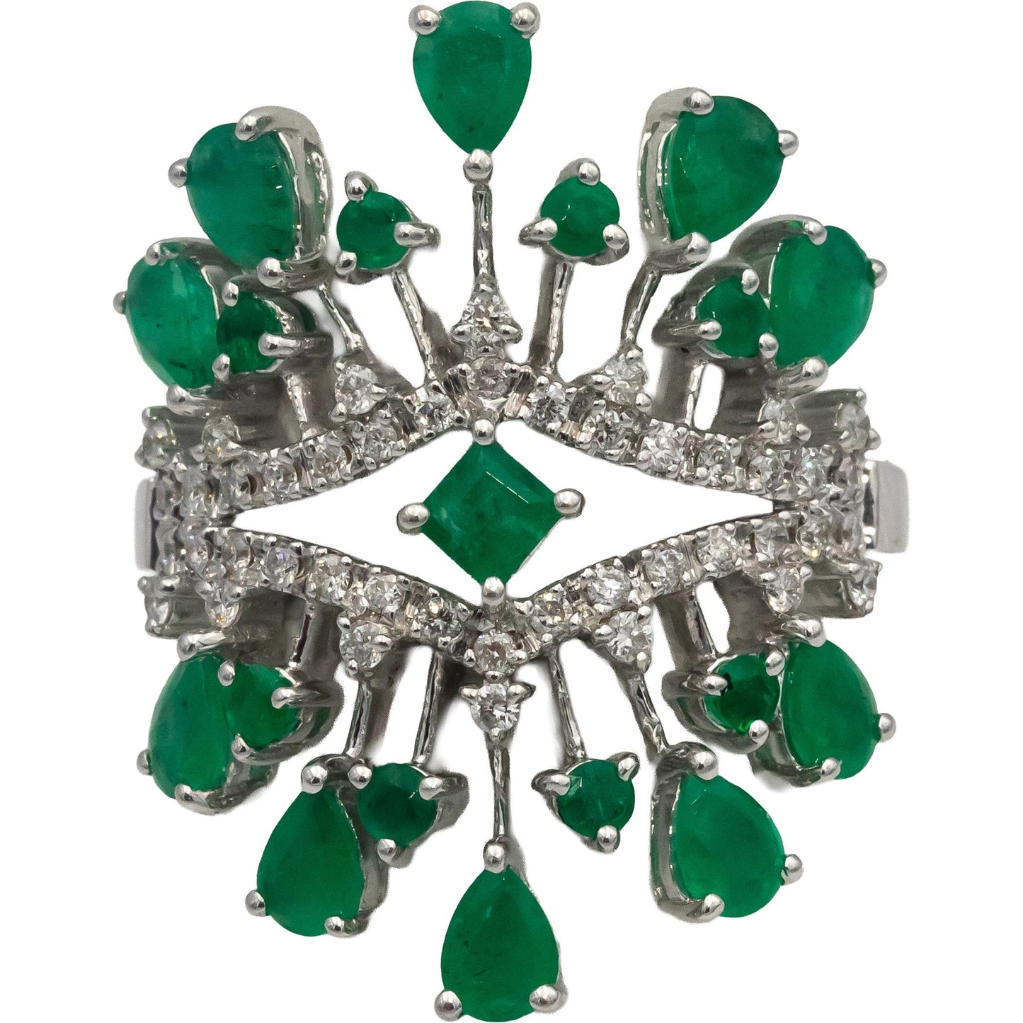 18k White Gold Emerald & Diamond Cocktail Ring 1.45CTW Size 7.25