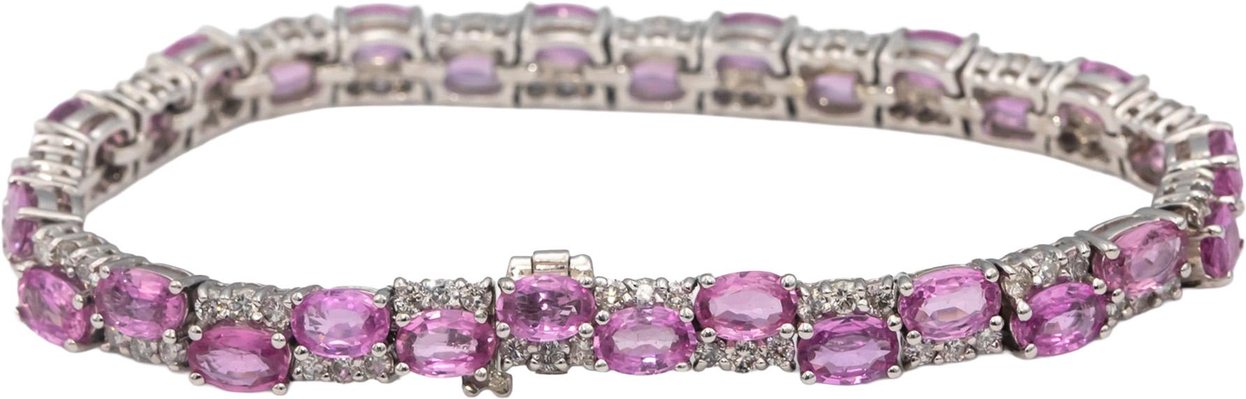 14k White Gold Oval Pink Sapphire & Round Diamond Link Bracelet 15.60CTW