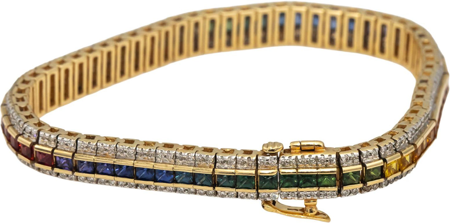 14k Yellow Gold Diamond and Rainbow Sapphire Tennis Bracelet 8.50CTW