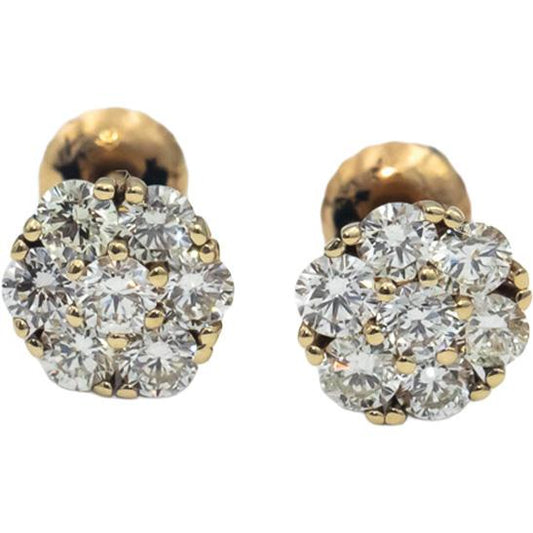 14k Yellow Gold Round Diamond Cluster Flower Stud Screw Back Earrings 1.23CT
