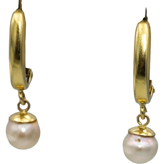 14k Yellow Gold Pearl Drop Dangle Earrings 6.75mm Diameter