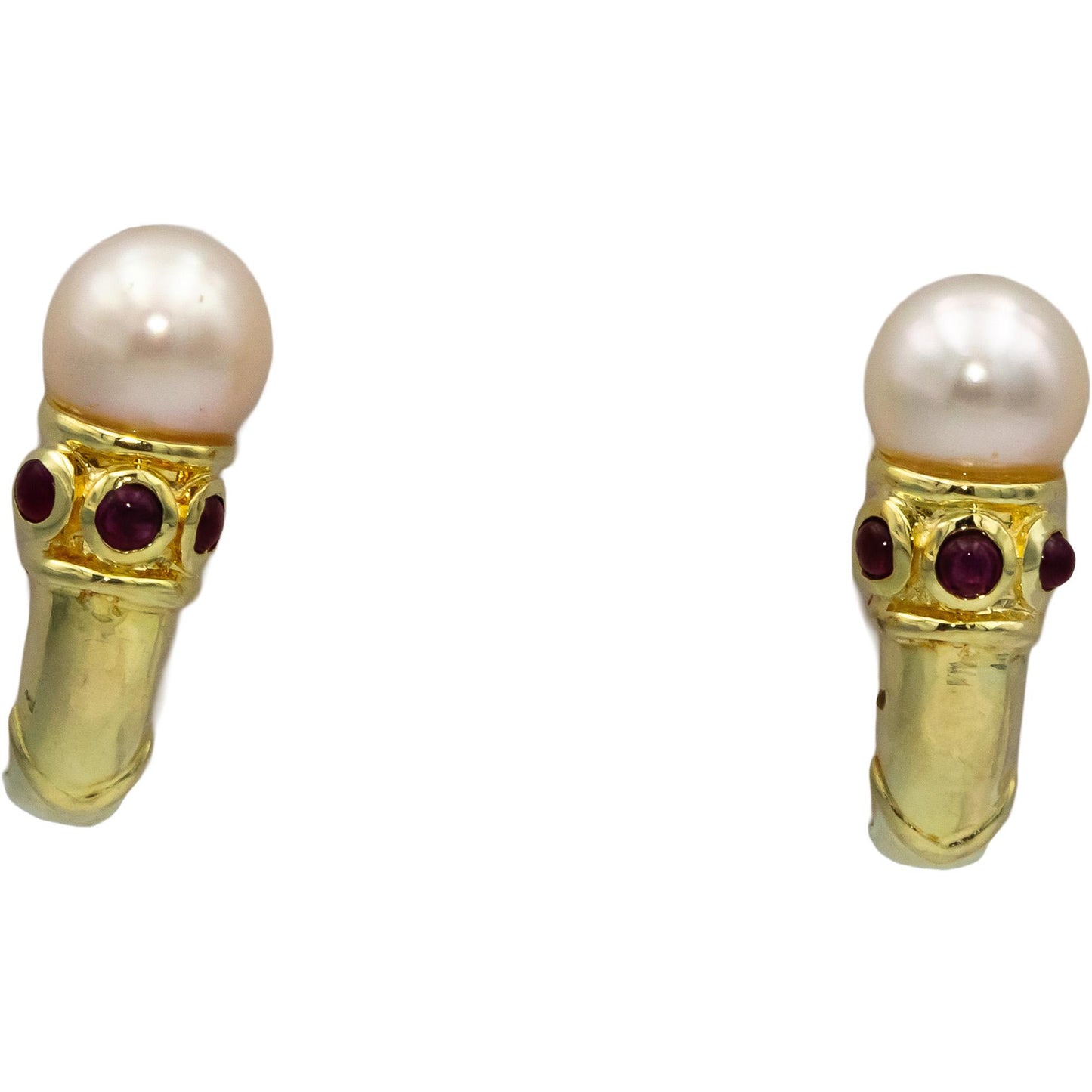 14k Yellow Gold Pearl Dangle Earrings w/ Cabochon Ruby Accents