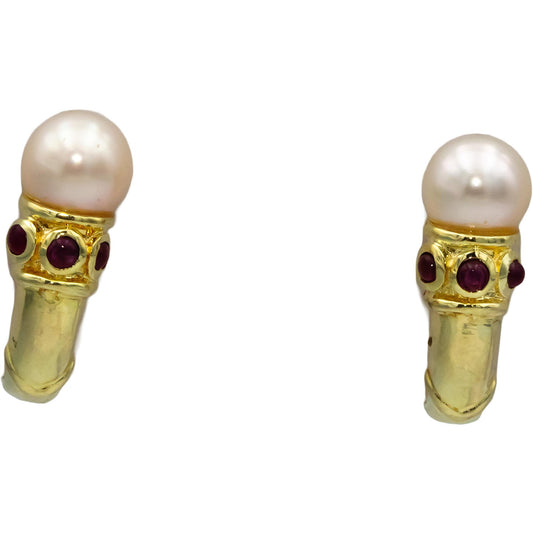 14k Yellow Gold Pearl Dangle Earrings w/ Cabochon Ruby Accents