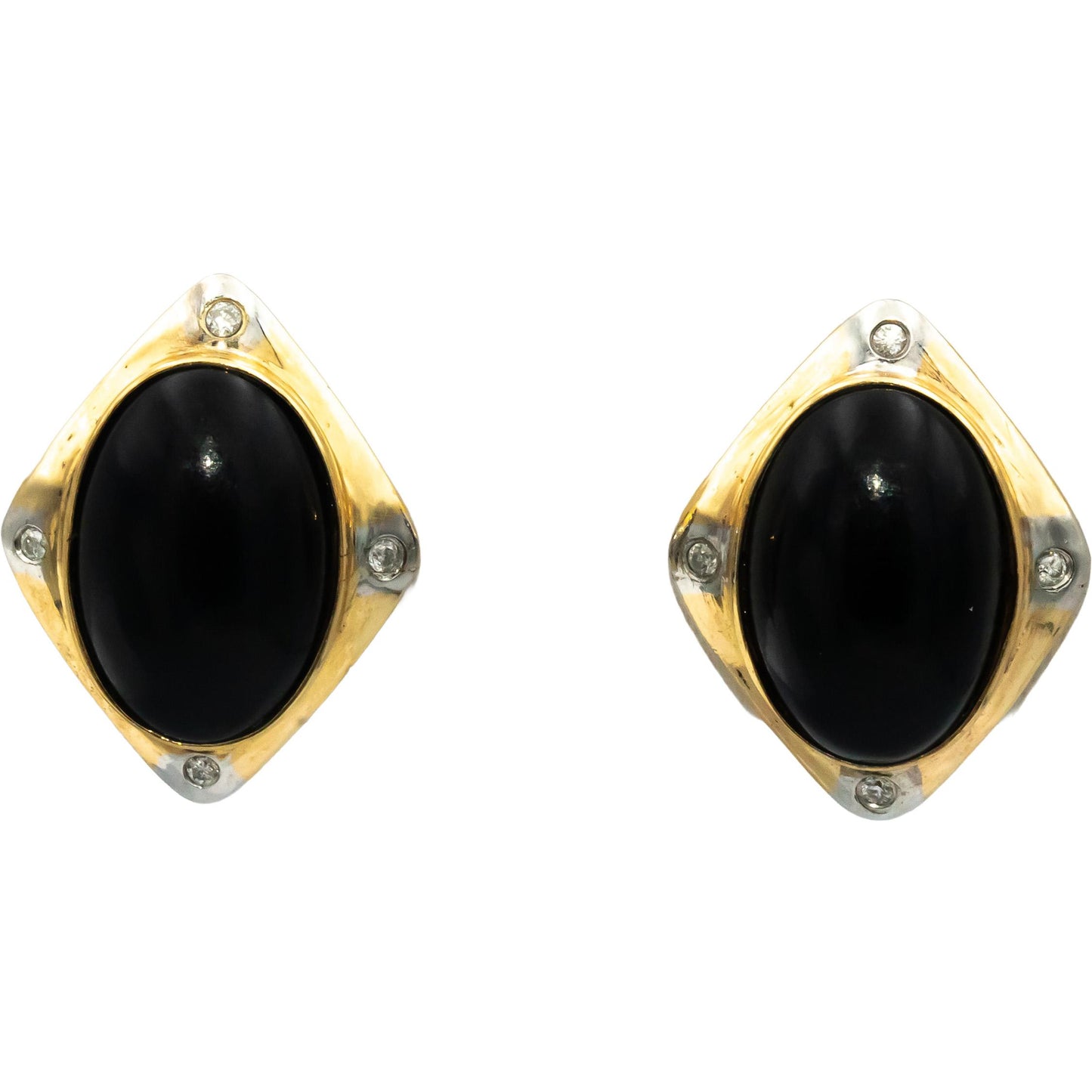 14k Yellow & White Gold Oval Cabochon Onyx and Round Diamond Earrings 0.06CT