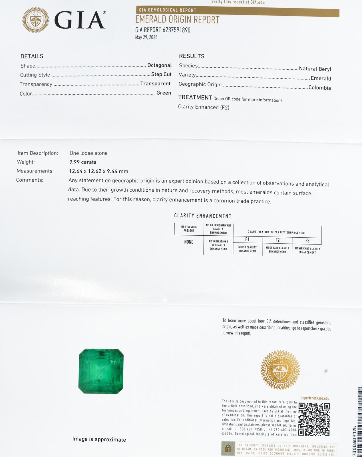 GIA Certified Octagonal Cut Natural Colombian Emerald Loose Gemstone 9.99CT