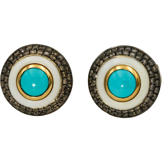 14k Yellow Gold Diamond Turquoise & White Inlay Earrings 1.25CT
