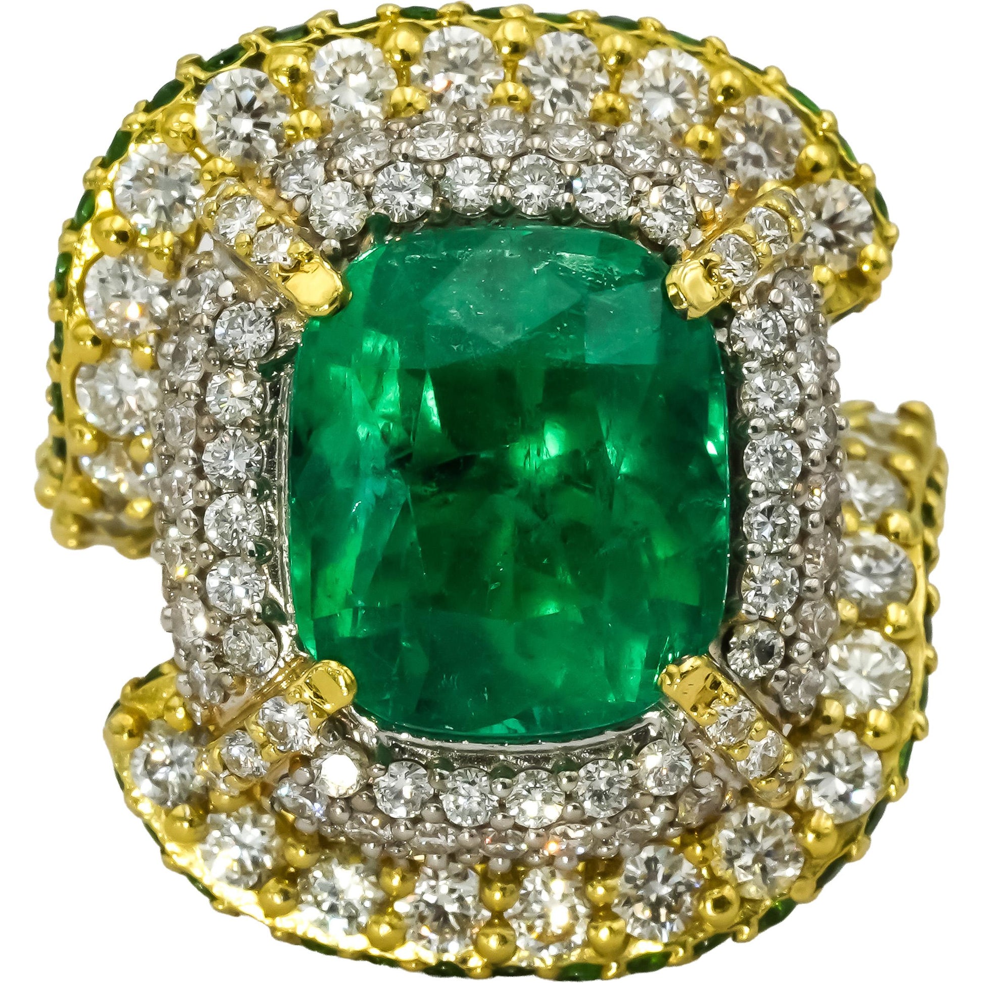 STAMBOLIAN 18k Yellow Gold Emerald and VS Diamond Cocktail Ring 10.50CT Size 8