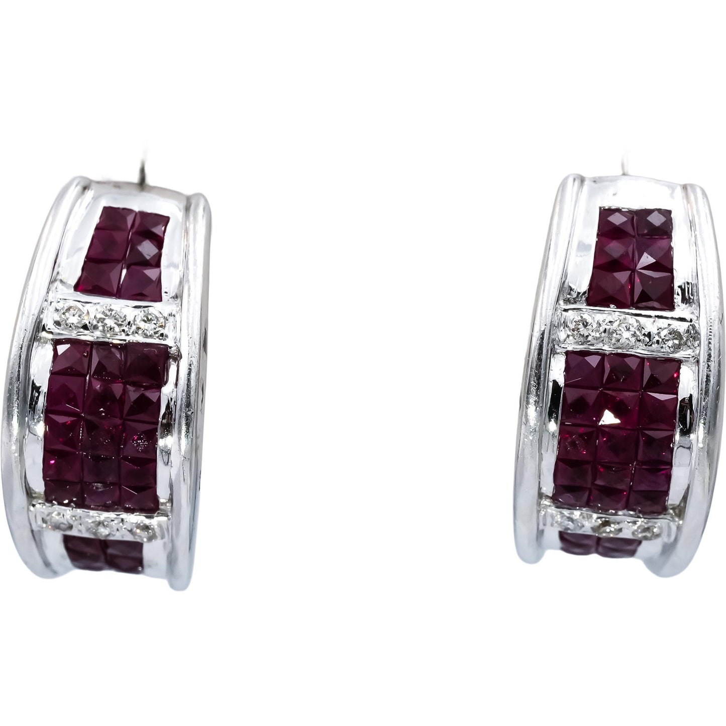 18k White Gold Diamond and Ruby Cluster Curved Earrings 2.70CTW