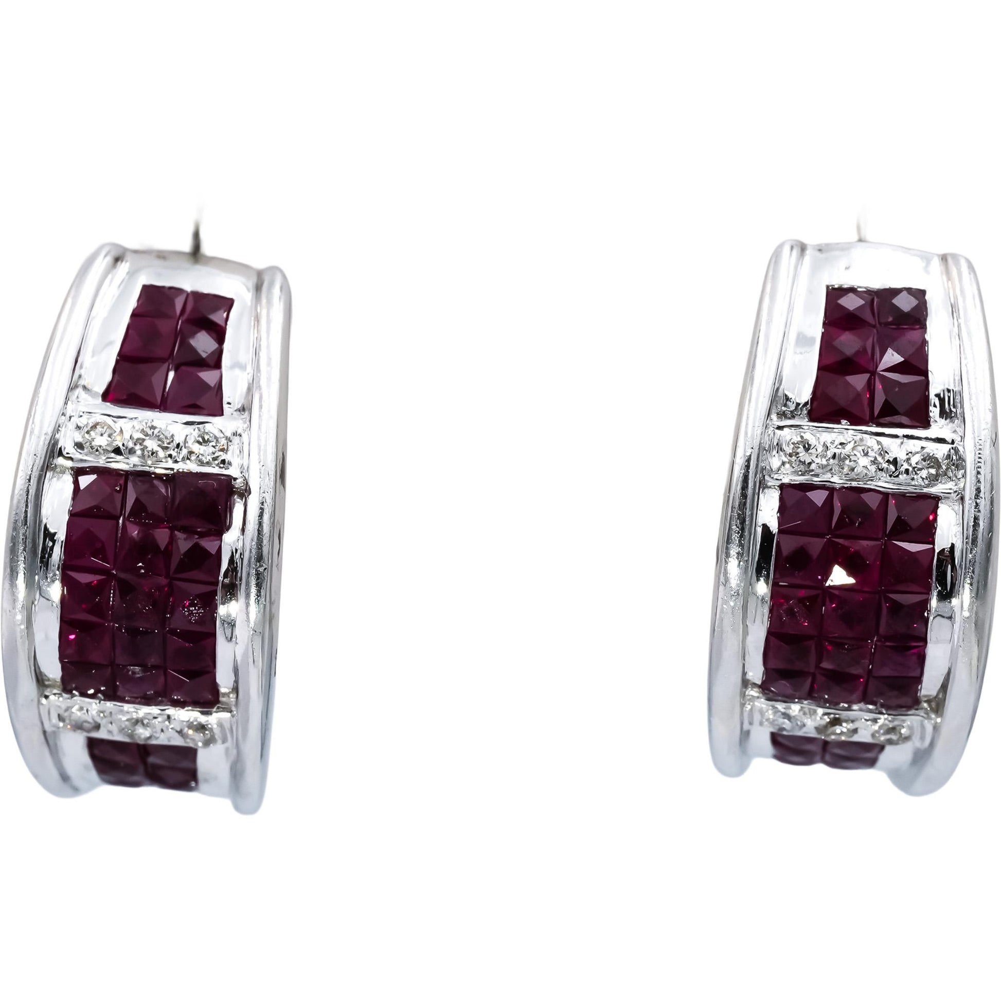 18k White Gold Diamond and Ruby Cluster Curved Earrings 2.70CTW