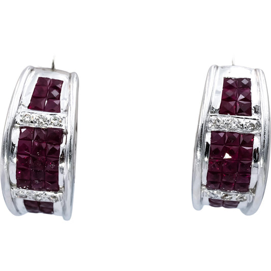 18k White Gold Diamond and Ruby Cluster Curved Earrings 2.70CTW