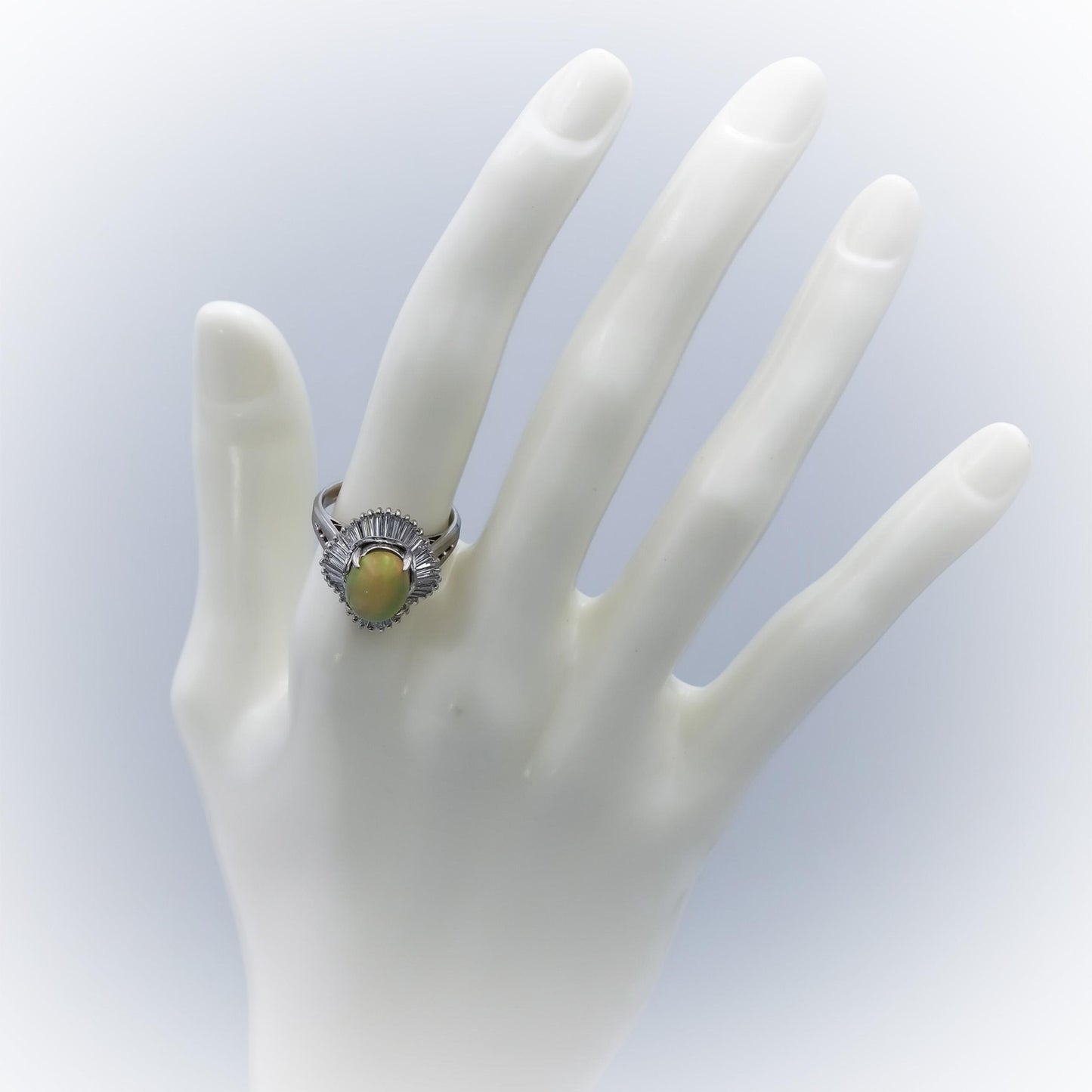 Platinum Cabochon Opal and Baguette Cut Diamond Cocktail Ring 2.98CTW Size 6.25