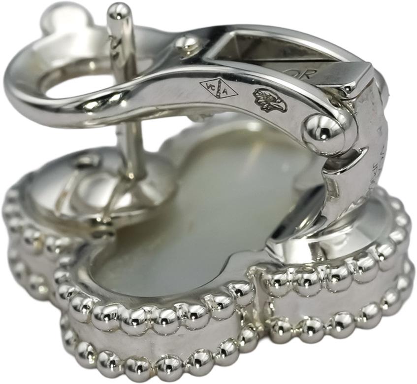 VAN CLEEF & ARPELS 18k White Gold Alhambra Mother of Pearl Earrings w Box Papers