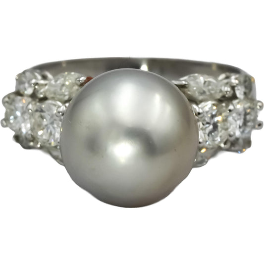 18k White Gold VS Diamond and 11.5mm Pearl Cocktail Ring 1.25CT Size 7.5