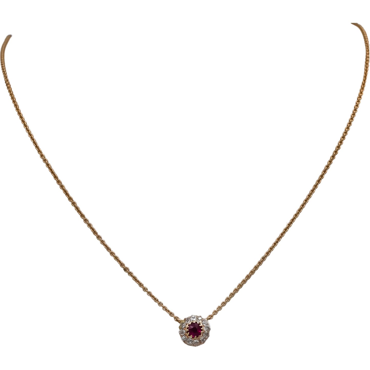 Vintage Antique 18k Yellow Gold Old Mine Diamond and Ruby Pendant Necklace .70CT