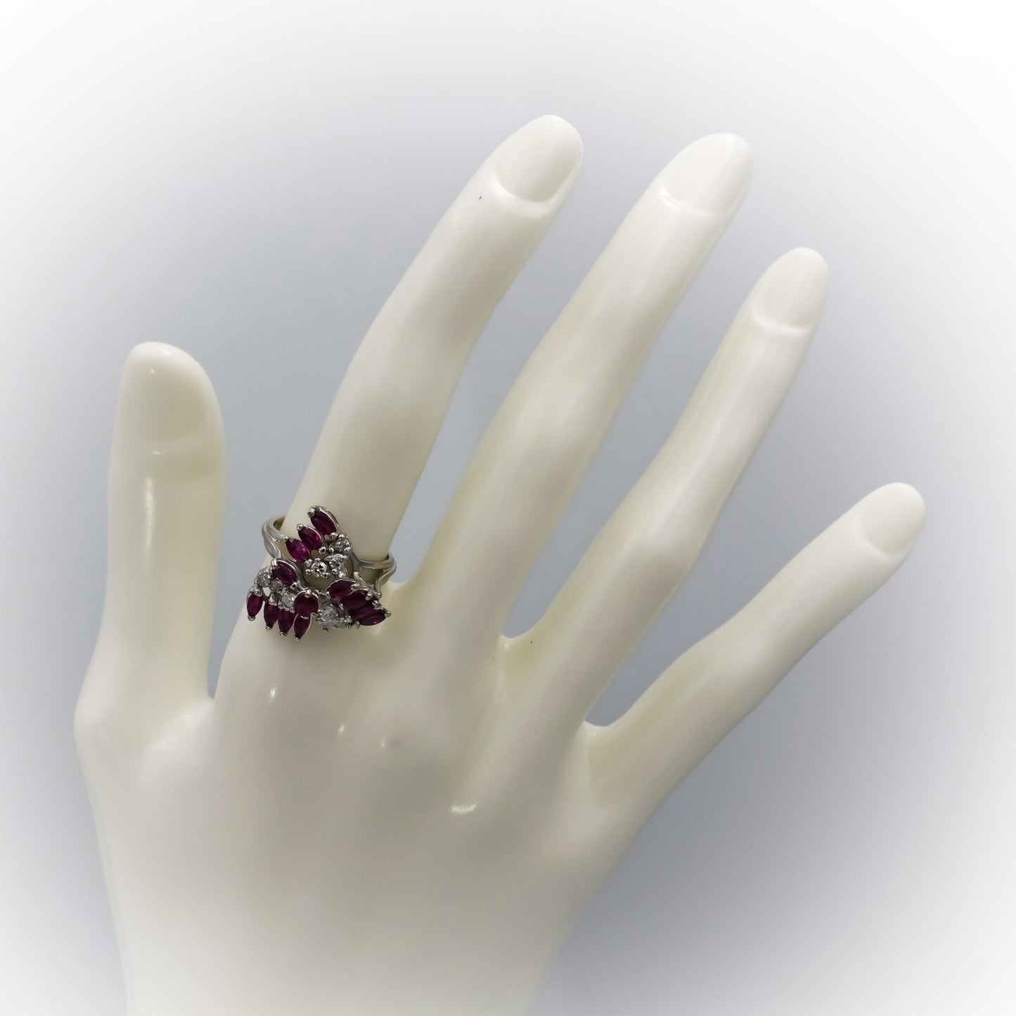 Vintage 14k White Gold VS Diamond Ruby Waterfall Cocktail Ring 1.0CT Size 5.5