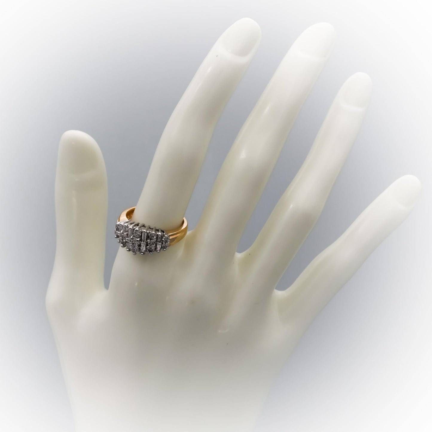 14k Yellow & White Gold Round and Baguette Diamond Cluster Ring 1.0CT Size 7.25