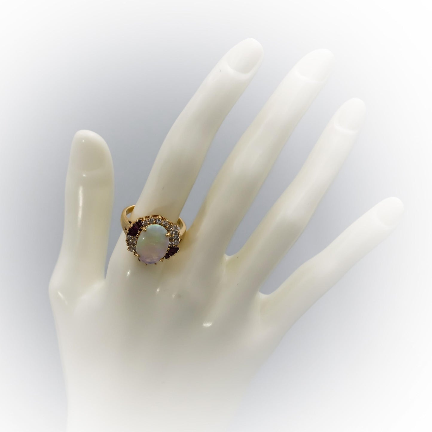 14k Yellow Gold Diamond Ruby Opal Cocktail Ring 7.08CT Size 8.75