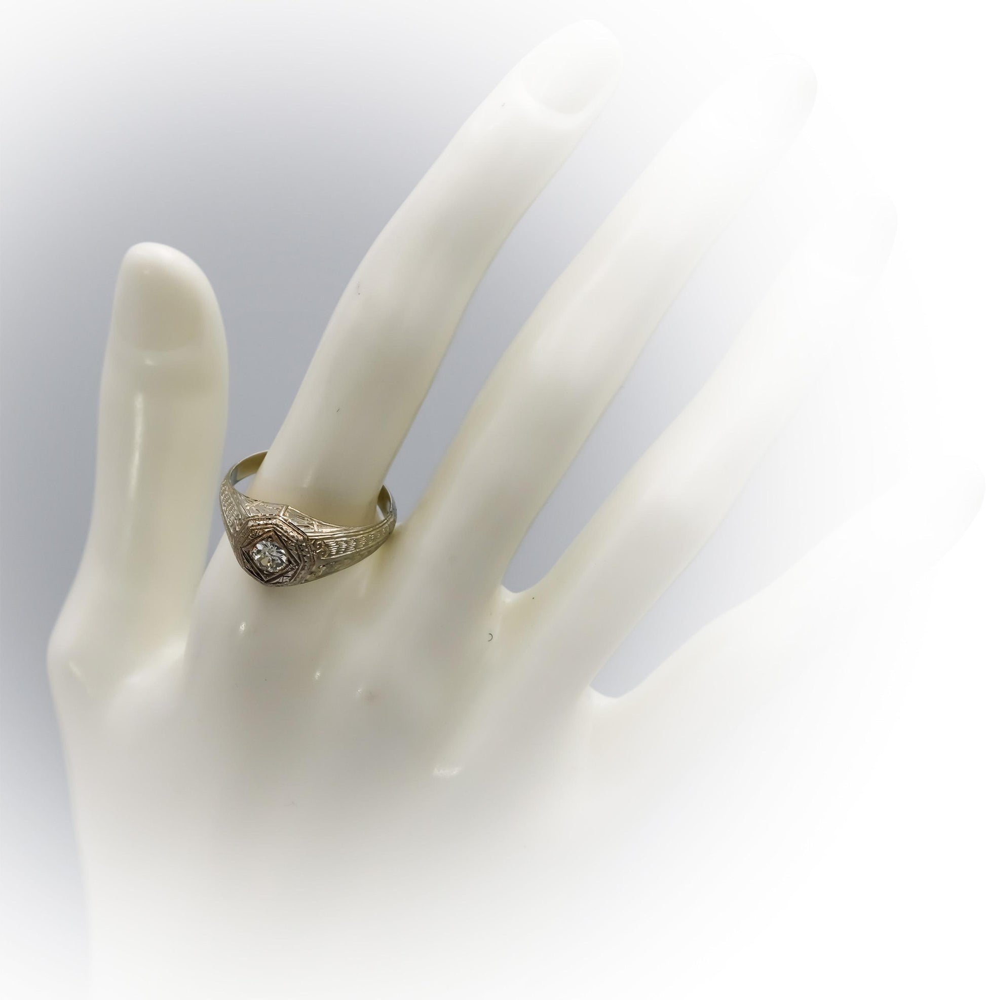 Art Deco Antique 18k White Gold VS Old Euro Diamond Ring 0.40CT Size 9.75